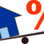Woning en procentteken op wip, symbool voor hypotheekrente en woningwaarde