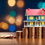 Modelwoning geplaatst op stapels euromunten tegen kleurrijke achtergrond