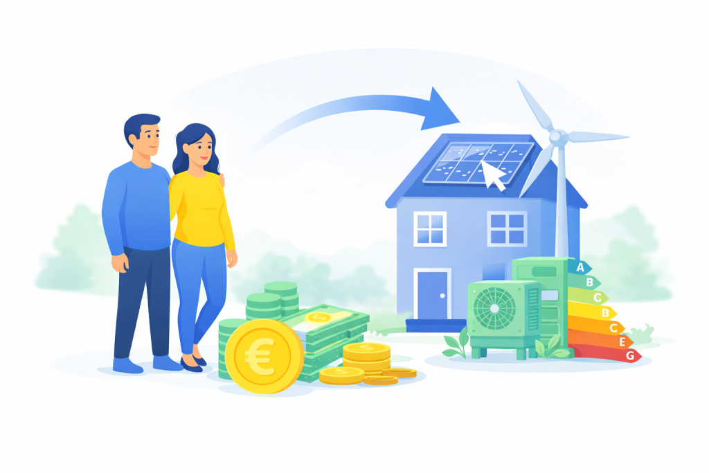 Stel bij woning met zonnepanelen en energielabel, geld en euroteken als symbool voor overwaarde opnemen