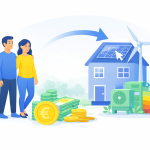 Stel bij woning met zonnepanelen en energielabel, geld en euroteken als symbool voor overwaarde opnemen