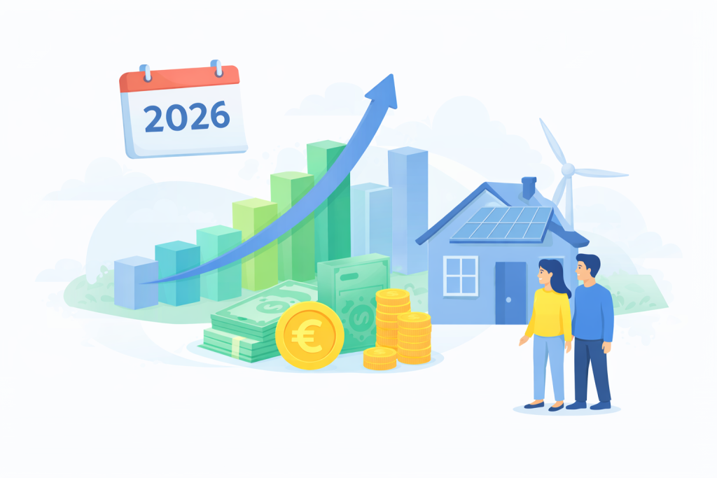 Stijgende grafiek in 2026 bij woning met zonnepanelen en geld als symbool voor overwaarde opnemen