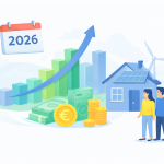 Stijgende grafiek in 2026 bij woning met zonnepanelen en geld als symbool voor overwaarde opnemen