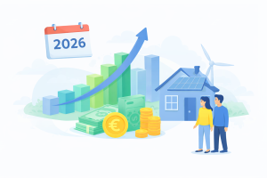 Stijgende grafiek in 2026 bij woning met zonnepanelen en geld als symbool voor overwaarde opnemen