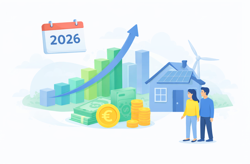 Stijgende grafiek in 2026 bij woning met zonnepanelen en geld als symbool voor overwaarde opnemen